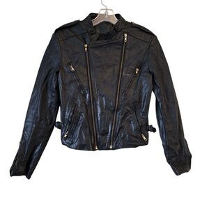 GOLDEN Women Genuine Leather Moto Jacket Size 36  Small  Black